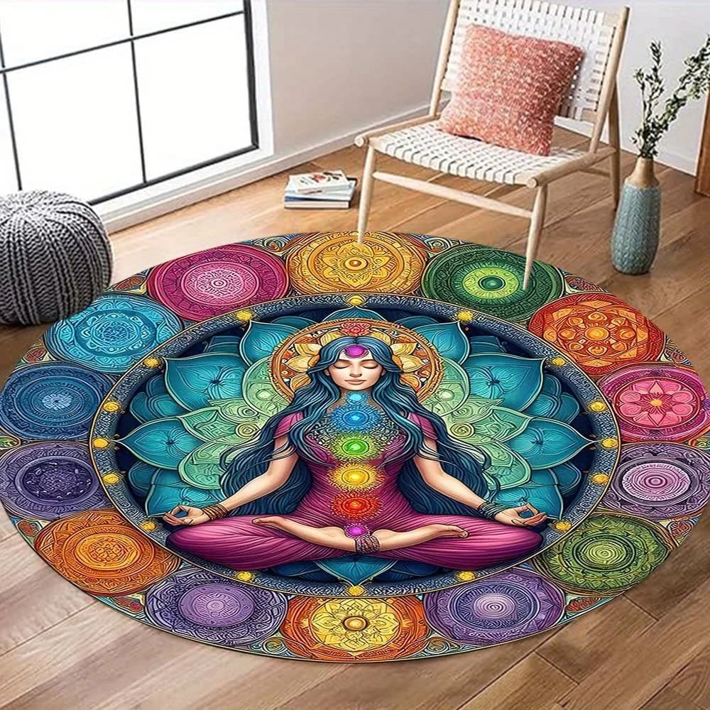 Tappeto Rotondo Colorato con Stampa Chakra per Meditazione e Yoga, Tappetino Morbido Antiscivolo per Soggiorno, Camera da Letto, Sala Giochi, Stanza dei Bambini, Arredamento Casa