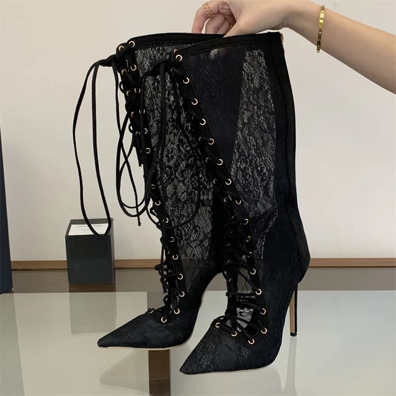 Aneikeh Stivali Alti al Ginocchio da Donna in Pizzo, con Punta a Stiletto e Tacco Alto, Allacciati, Sexy, Traspiranti, per Feste e Nightclub, Estivi