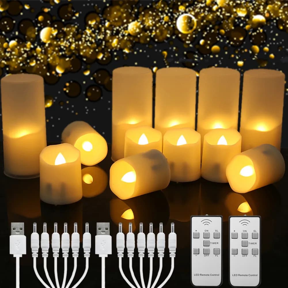 Set di 6 Candele LED Ricaricabili con Timer e Telecomando, Fiamme Tremolanti, per Matrimoni e Decorazioni di Compleanno, Tealight con Caricatore USB