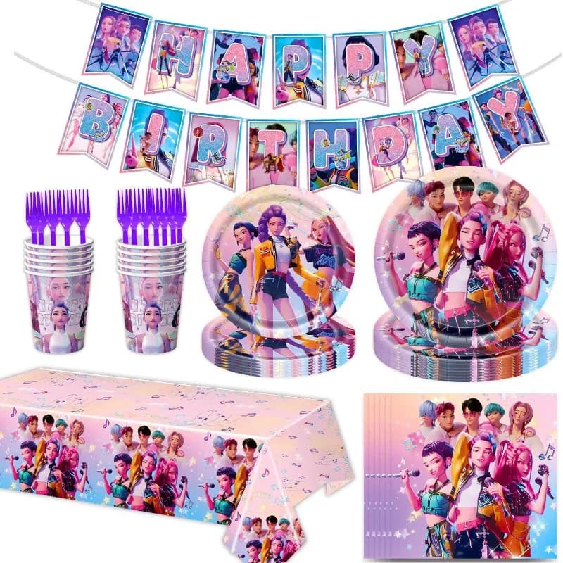 Kpop Girl Group Demon Hunter Pink Dinnerware Set Birthday Party Scene Decor Bunting Banner Kit 7/9 Pieces