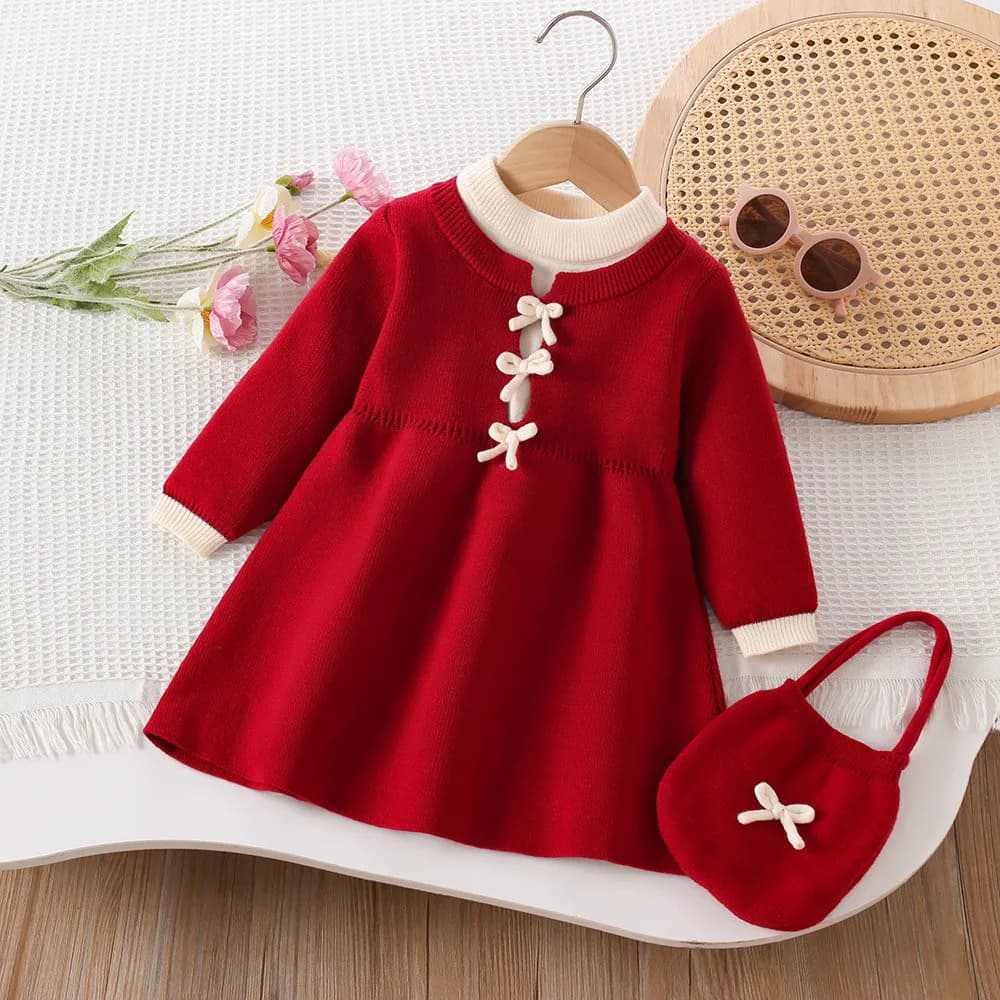 Abito maglione da ragazza Autunno/Inverno Nuove gonne da principessa finte lavorate a maglia con fiocco dolce per bambini alla moda