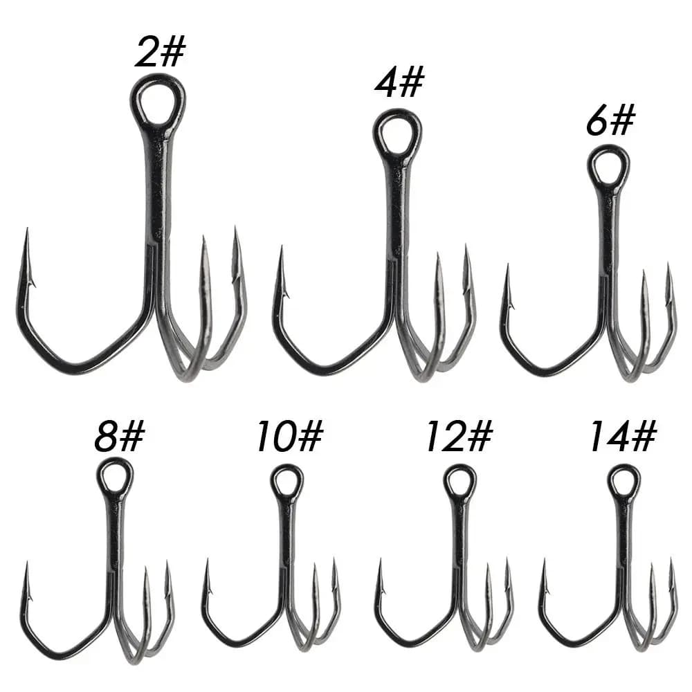 Set di ami da pesca tripli da 10 pezzi/lotto Ami super affilati in acciaio ad alto tenore di carbonio 2/0 # -14 # Gancio per esca per basso da pesca in acciaio con triplo spinato