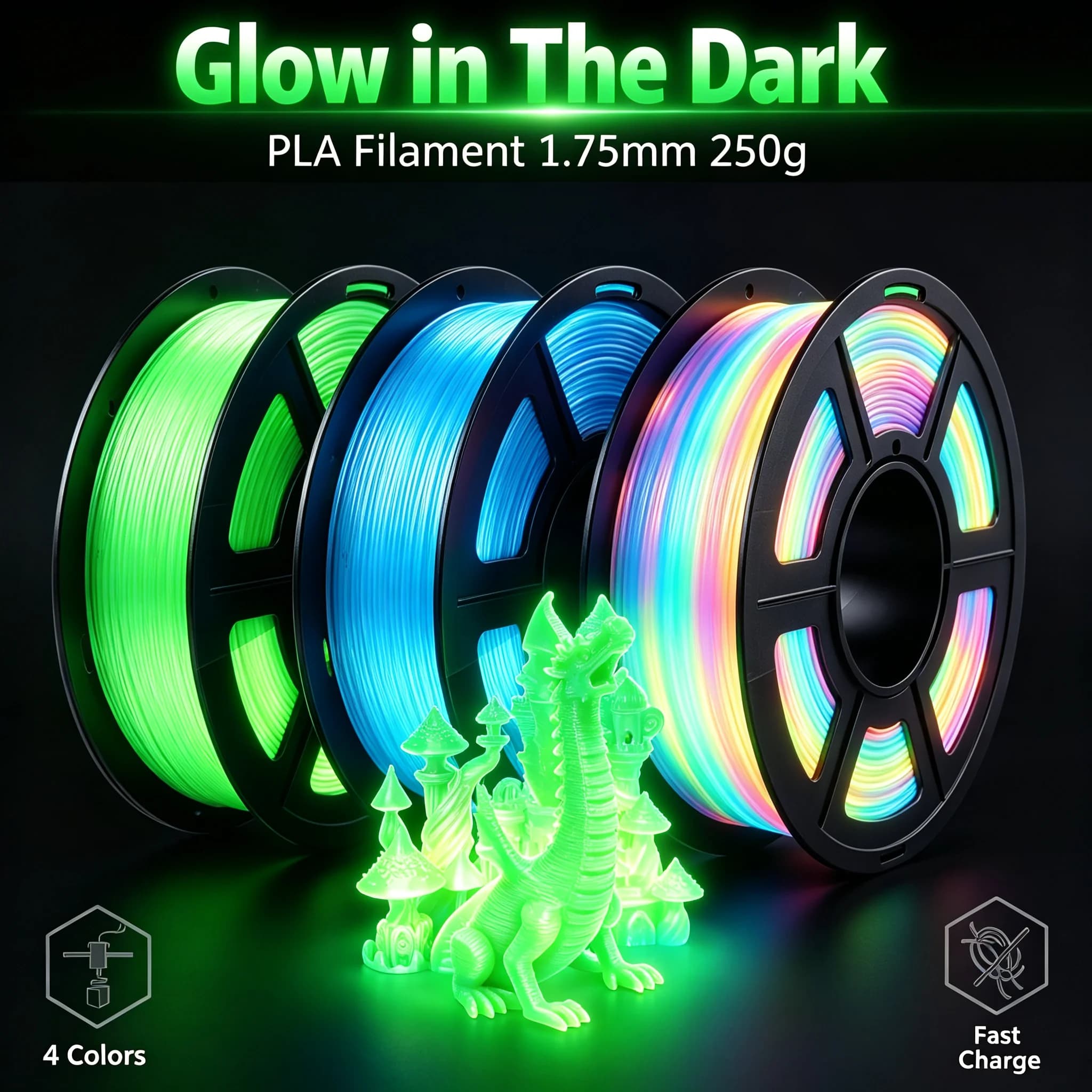 Multicolor Glow-in-the-Dark PLA Filament 1.75mm Bundle Green Blue Purple Rainbow for 3D Printer
