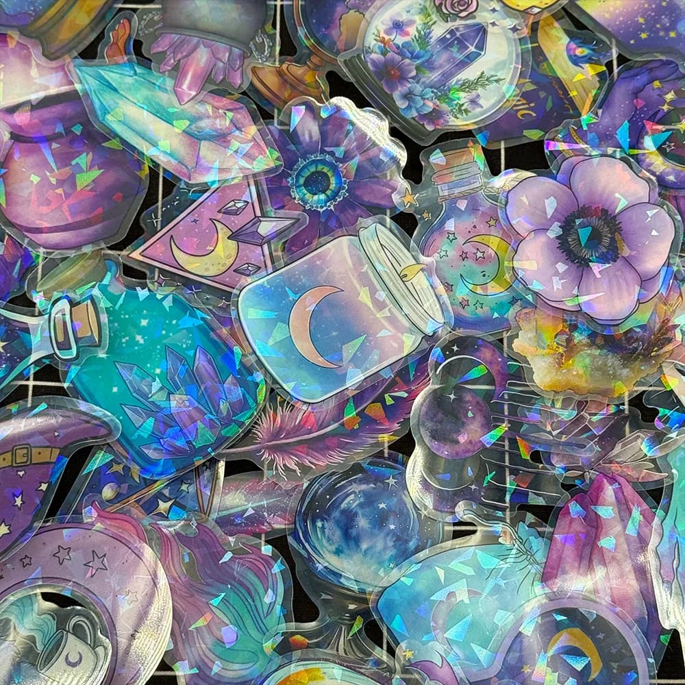 Confezione di adesivi con pellicola scintillante per strega magica in PET trasparente da 50 pezzi. Taccuino per chitarra con decorazioni per conti a mano in PET trasparente impermeabile