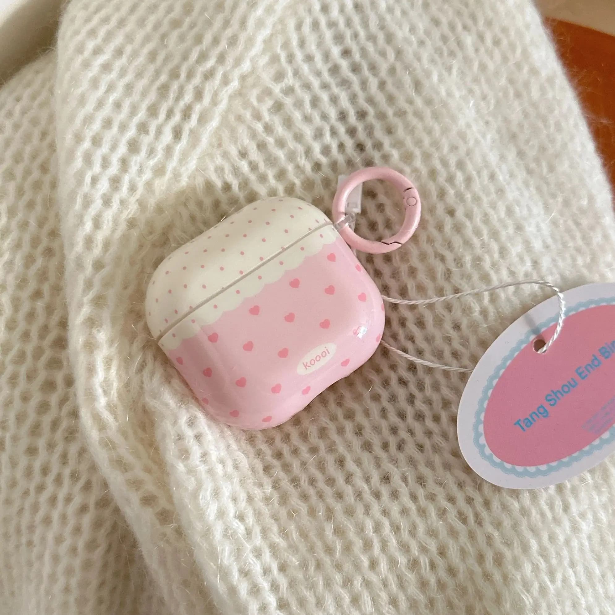 Custodia protettiva lucida per auricolari con motivo a cuore semplice a pois a schermo intero con anello rosa per AirPods 1 2 3 4 Pro Pro2
