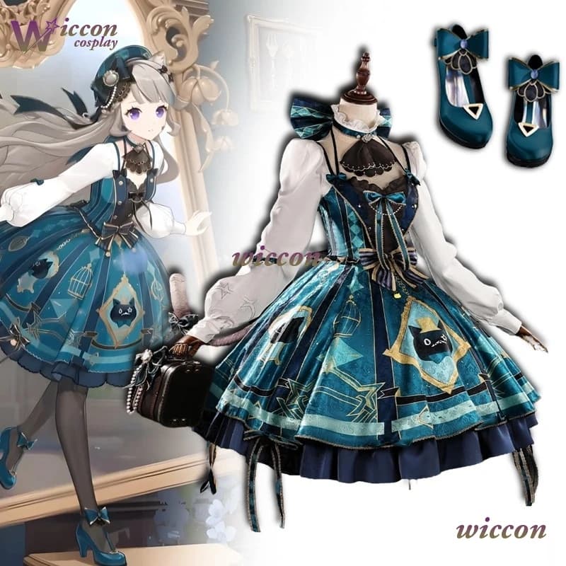 YesOk Genshin Impact Lynette Cafe in Soul Abiti Costumi Cosplay Parrucca Lolita Scarpe in maschera Parrucca Donna Carnevale di Halloween Uni