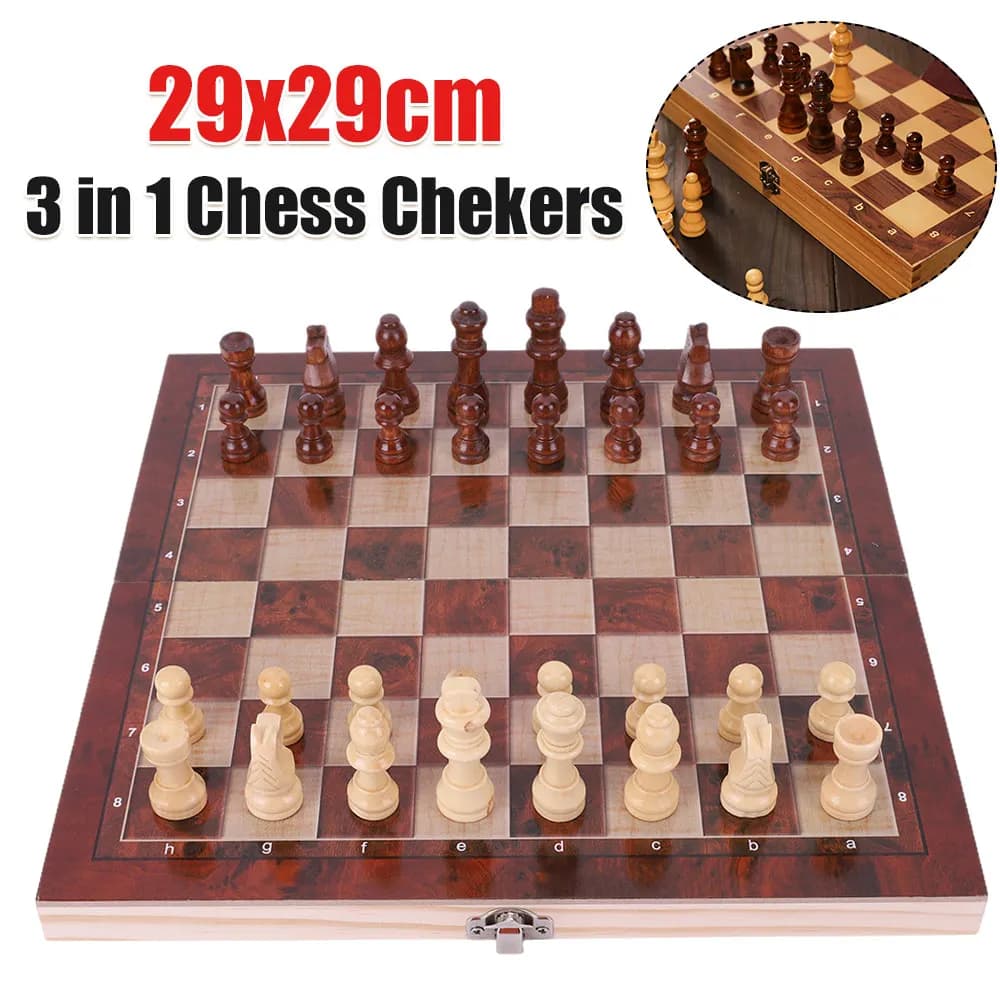 29x29cm Chess Checkers Set Backgammon 3 in 1 Wooden Foldable Board Game Folding Chess Set for Adult Kids Felted Game Board