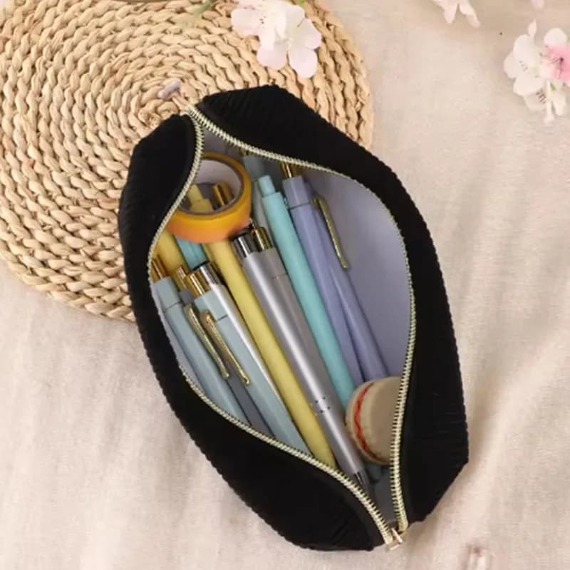 Portable Corduroy Makeup Bag Large Capacity Striped Cosmetic Storage Pouch Metal Zipper Travel Beauty Bag Student Pen Case