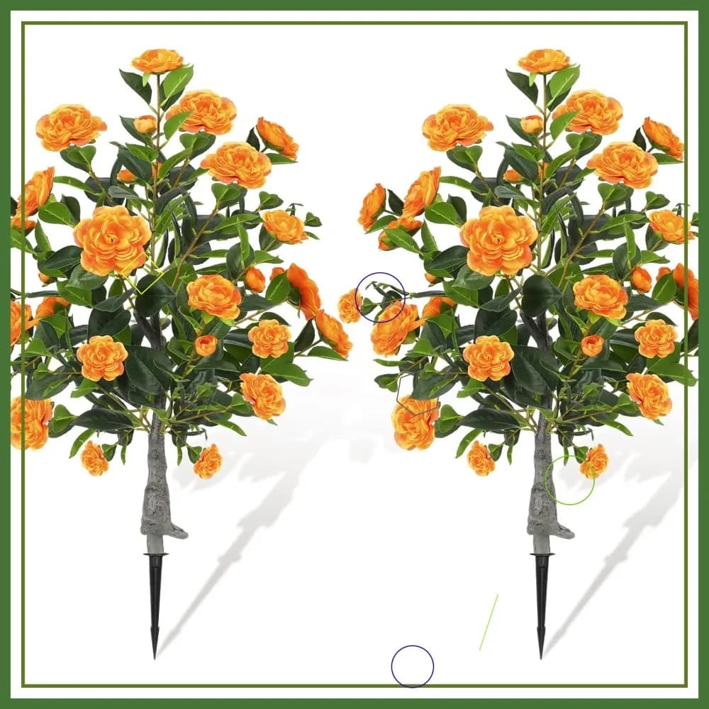 Confezione da 2 Piante Artificiali di Camelia da 90 cm, Fiori Finti Resistenti ai Raggi UV per Decorazioni Interne ed Esterne, Arancione