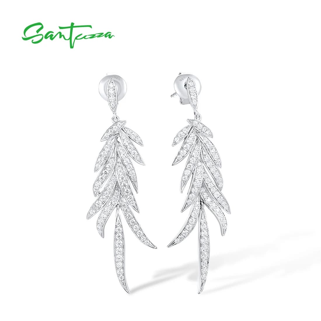 SANTUZZA Genuine 925 Sterling Silver Stud Earrings For Women Sparkling White Cubic Zirconia Dangling Leaf Fine Fashion Jewelry