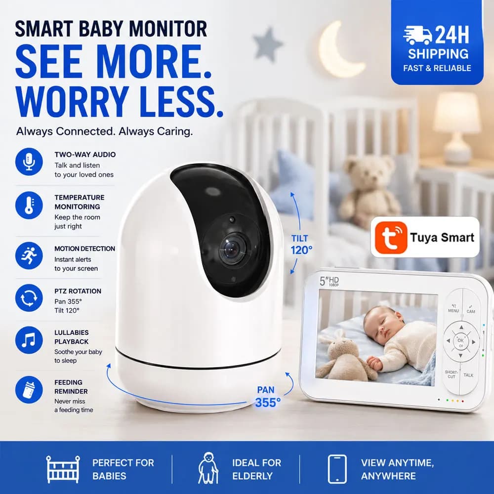 5" WiFi Baby Monitor Tuya APP View Control Audio Video 720P HD Camera Feeding Reminder Temperature Motion Sound Detection Nany
