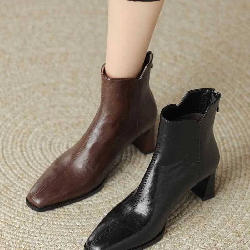 2026New Women's High-heeled Boots Temperament Square Head High-heeled Short Boots Fashion Casual Leather Boots Botas Feminina