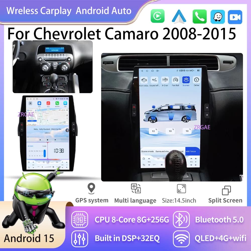 14.5 "Android15 Qualcomm 6125 For Chevrolet Camaro 2008-2015 Tesla Style Auto GPS Navigation Multimedia Reader Auto Radio Recorder