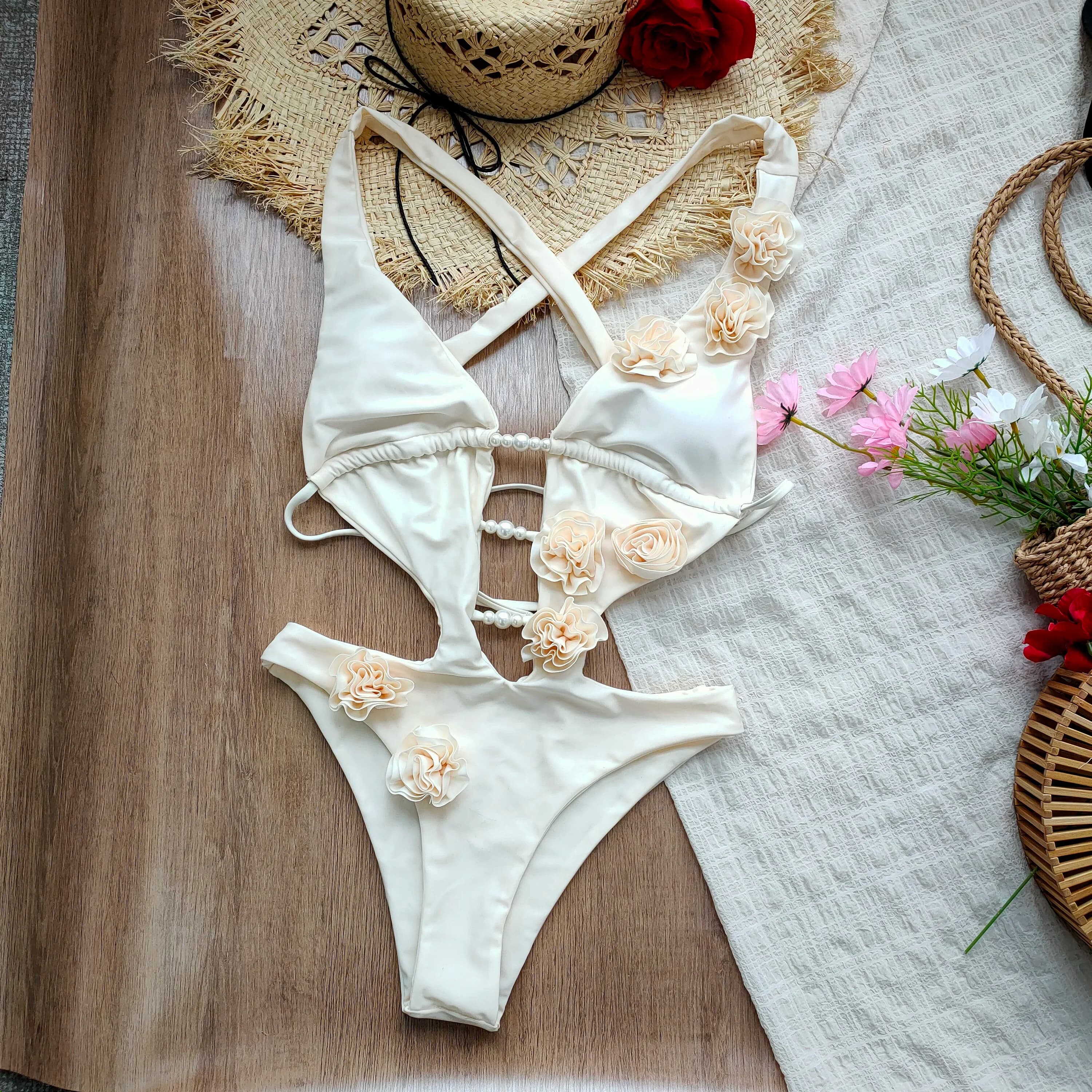 2025 New Flowers One Piece Swimsuit Women Solid Sexy Hollow Out Swimwear Summer Beachwear Bathing Suit Bodysuit