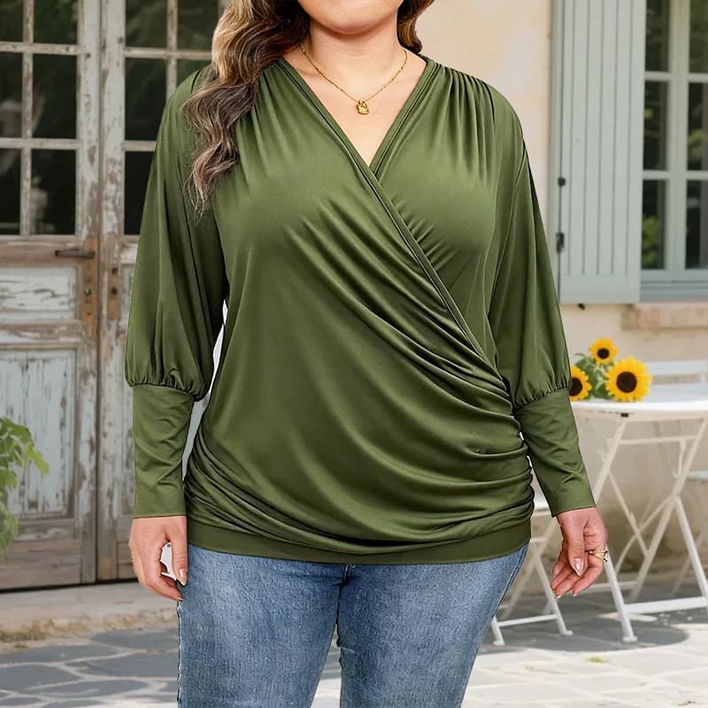 Plus Size Women's Faux Wrap V Neck Long Sleeve Top Ruched Slim Fit Casual Tunic Blouse