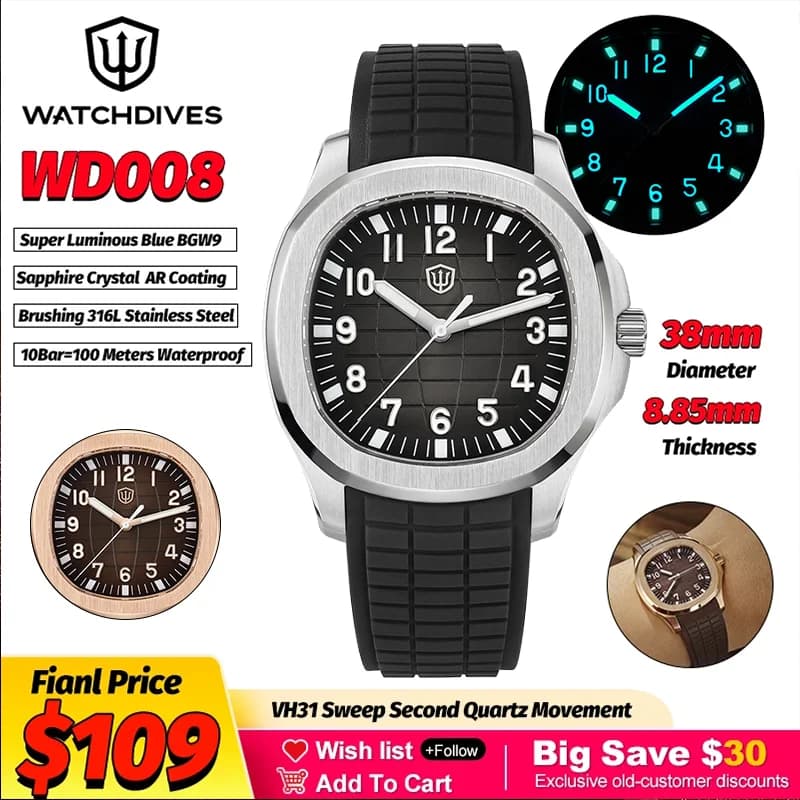 Watch of Underwater WD008 38mm Black Quartz Movement VH31 at Lancetta Continua, Sapphire, BGW9, FKM Strap, Waterproof 10 Bar