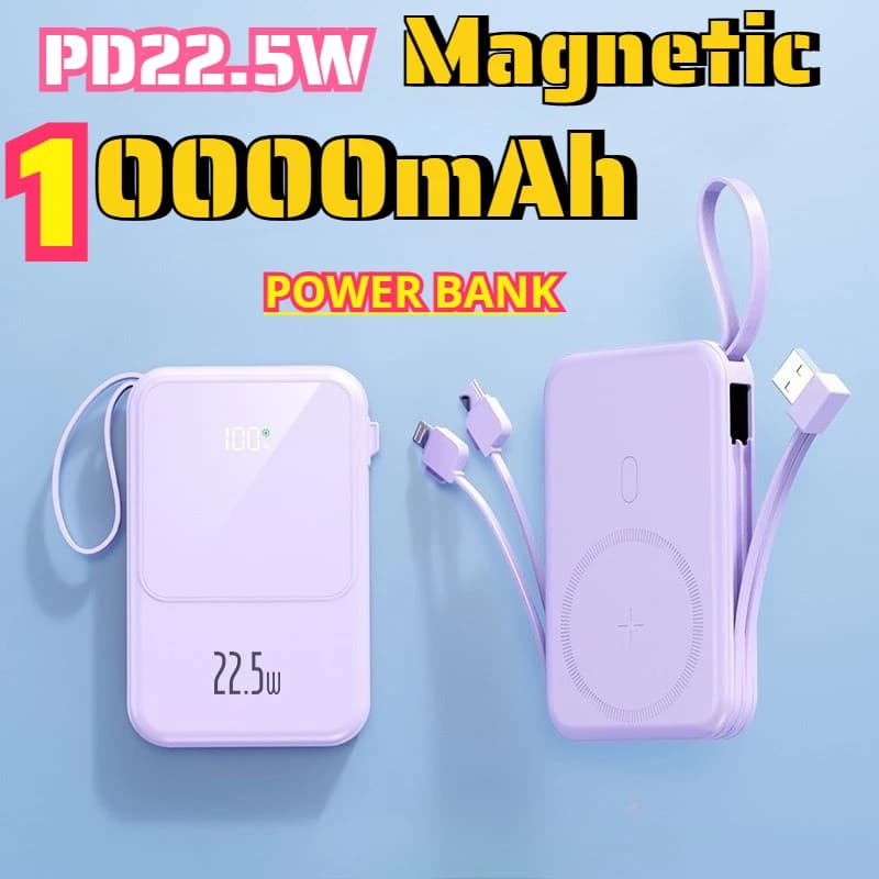 Power Bank wireless magnetico da 10000 mAh con cavo USB C PD staccabile da 22,5 W Batteria esterna a ricarica rapida per Iphone 15 Samsung