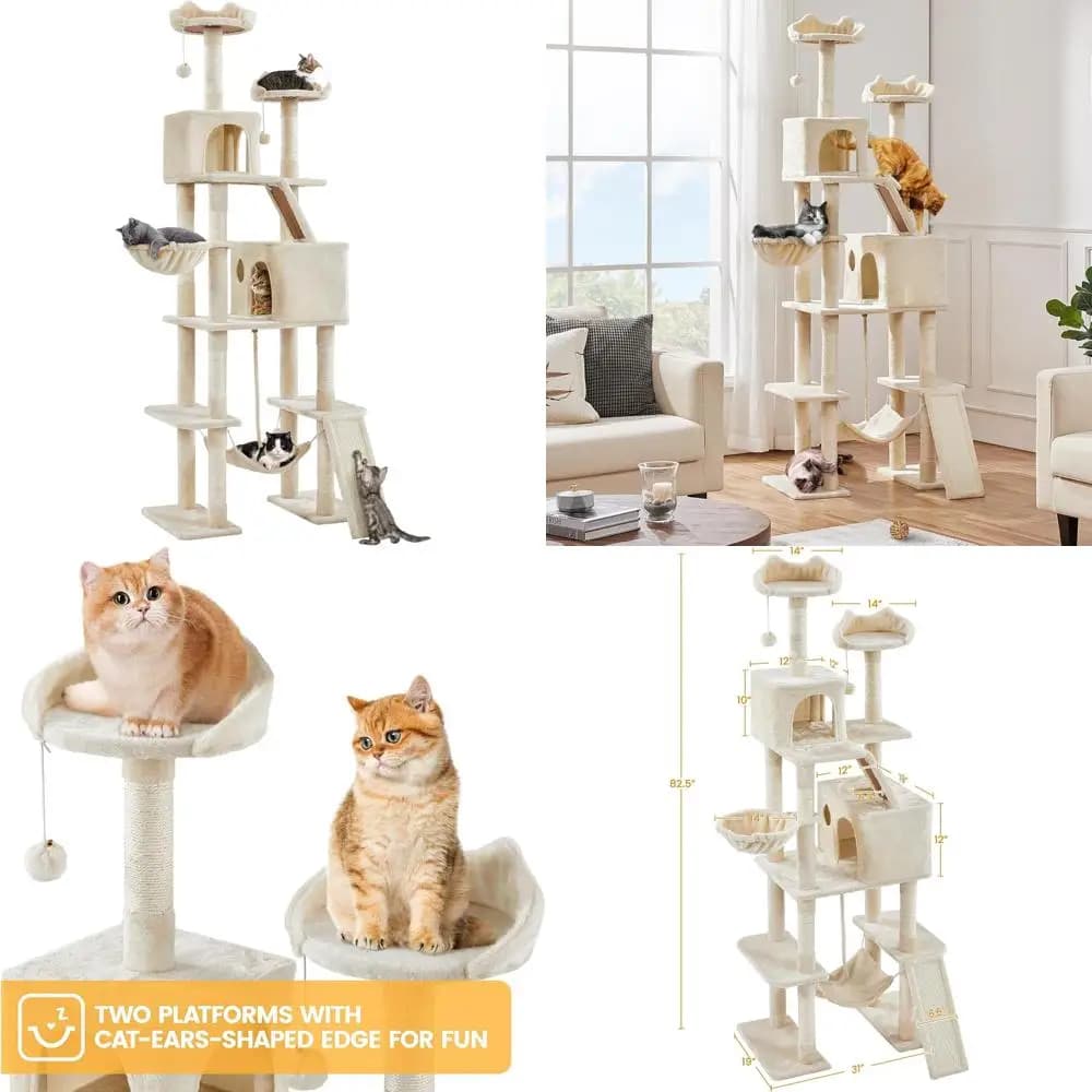 Grande albero per gatti a torre da 82,5 pollici con amaca, due posatoi, condomini accoglienti, tiragraffi e cestino per gatti - Mobili premium per