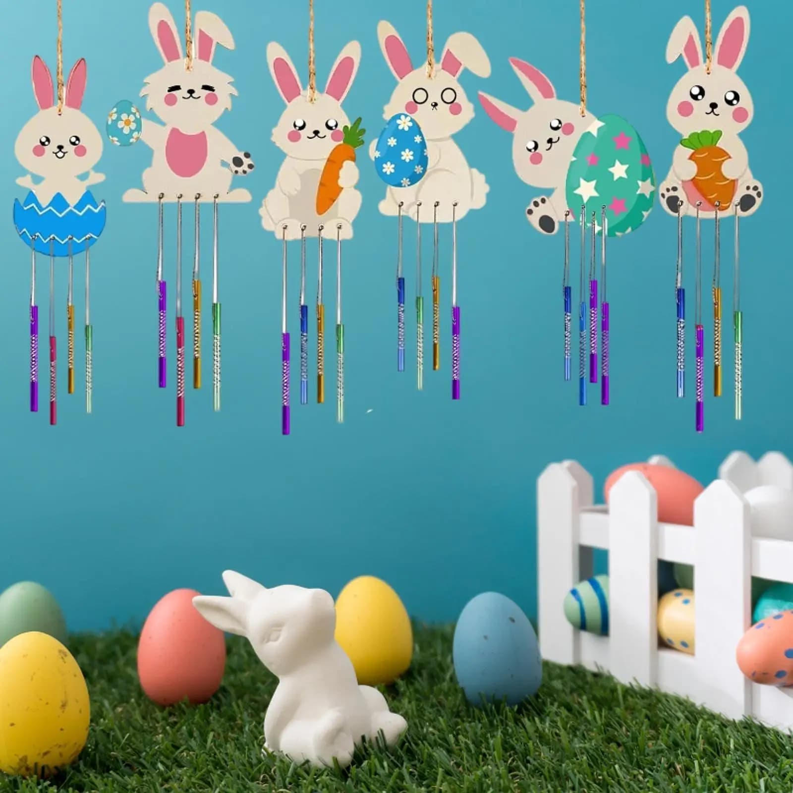 12 Pieces Wind Chime Making Kit, Make Your Own Bunny Wind Chime, DIY Coloring Wooden Art and Craft for Easter