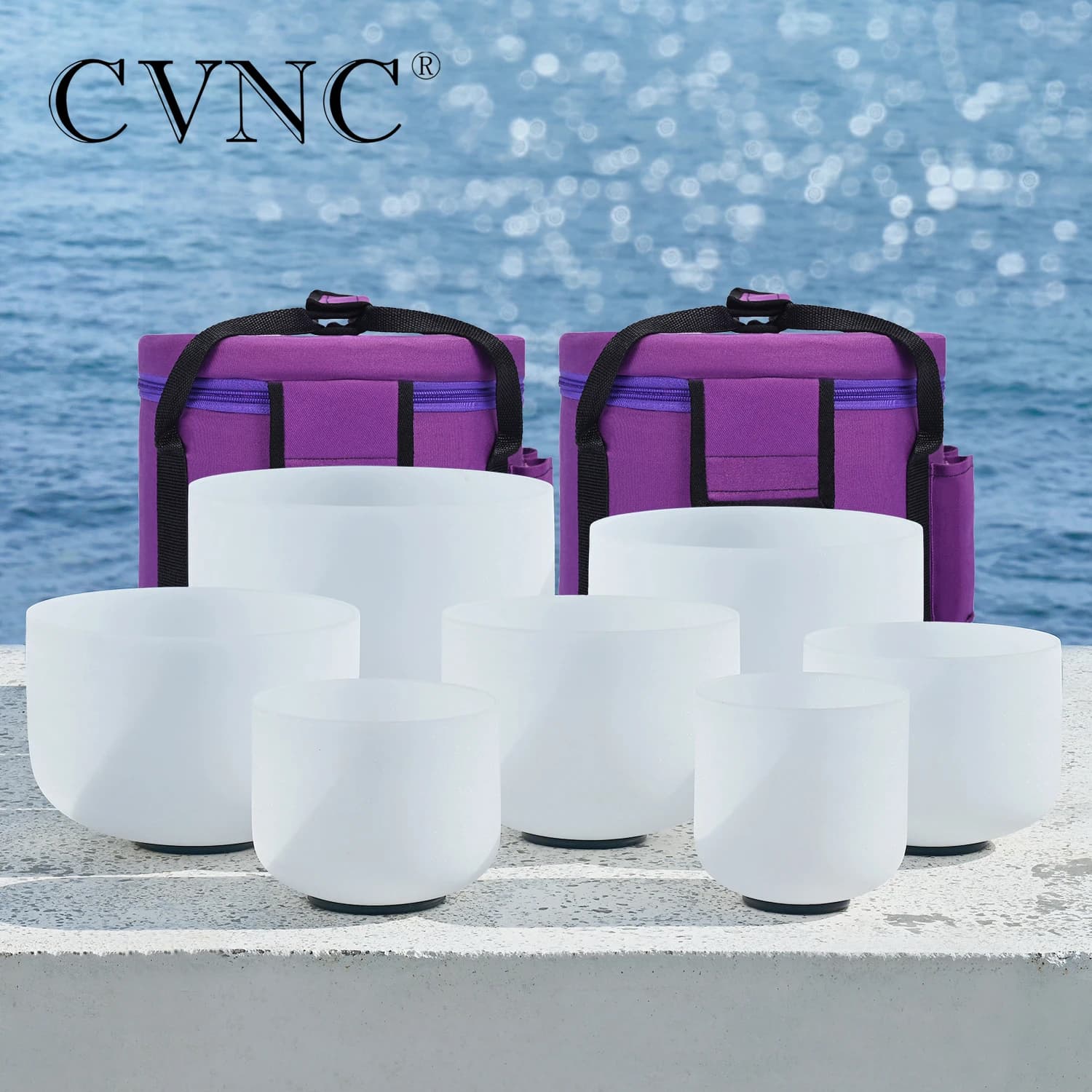 CVNC 7-12"/6-12" set of 7pcs Frosted Quartz Crystal Singing Bowl Chakra CDEFGAB Note for Sound Healing meditation with Free Bags