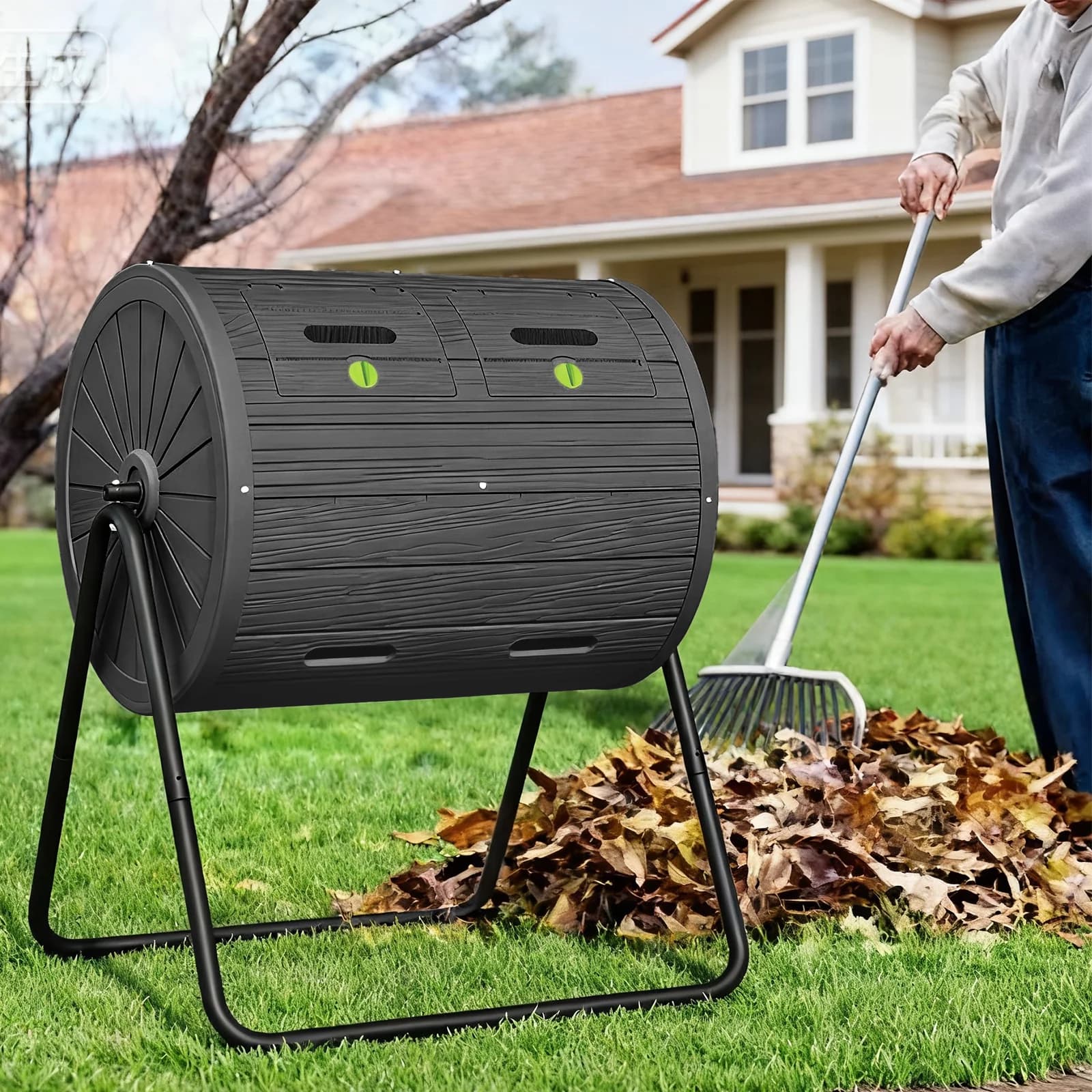 Composter Rotante in Resina Facile da Montare, Bidone per Compostaggio a Doppia Camera da 43 Galloni per Giardino