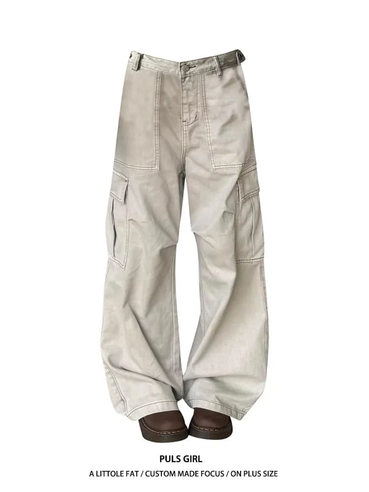 plus Size American Retro Multi Pocket Workwear Jeans Casual Loose Slimming Wide Leg Long Trousers for Men And Women