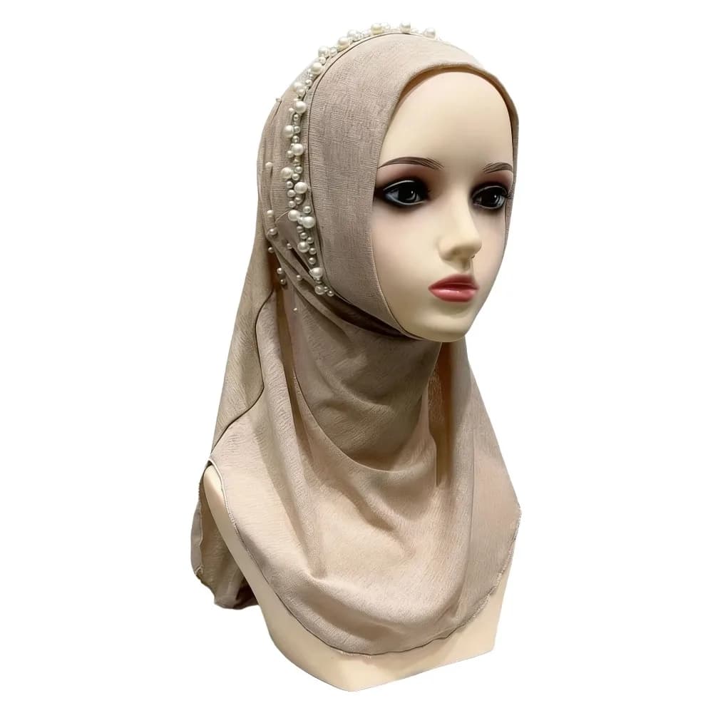 Pearl Beaded Trim Women Turban Cap Pull On Elastic Fit Beaded Hijab Scarf Full Coverage Easy Wear Pull On Head Wrap Muslim Women