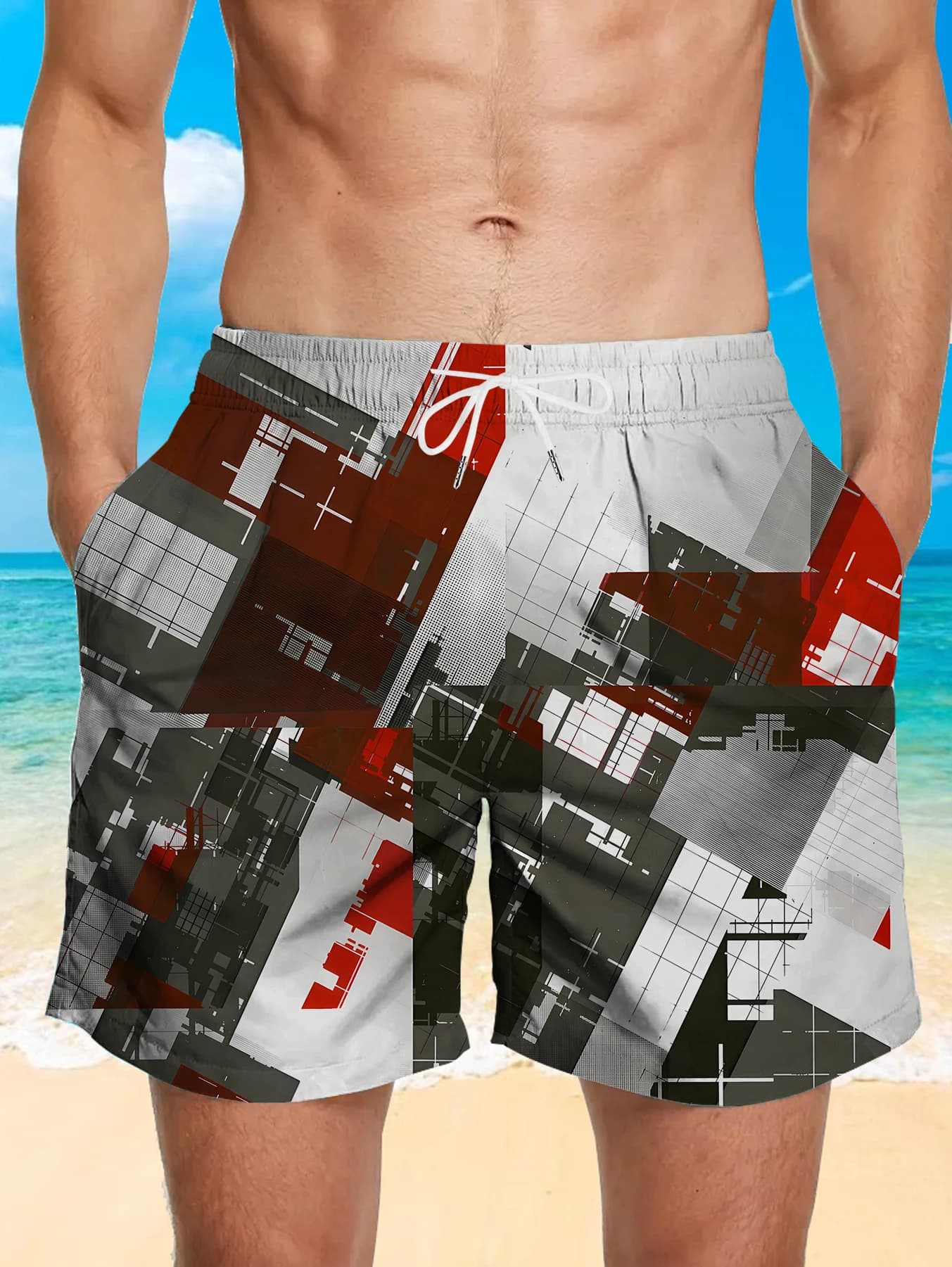 Pantaloncini casual estivi da uomo con stampa digitale completa, in morbido poliestere ad asciugatura rapida, per la spiaggia