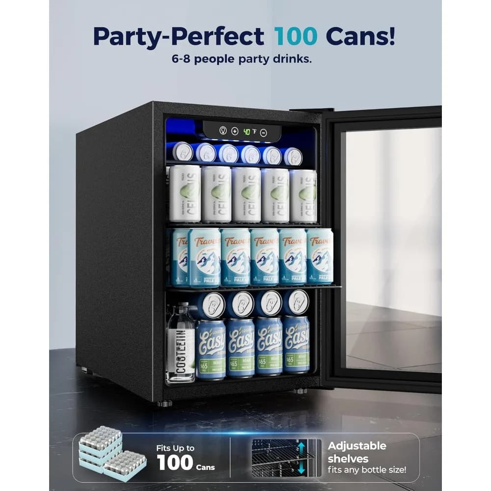 Mini Frigorifero da 2,7 piedi cubi con Porta in Vetro, Illuminazione LED Blu e Ripiani Regolabili per Birra, Vino, Bevande - NUOVO
