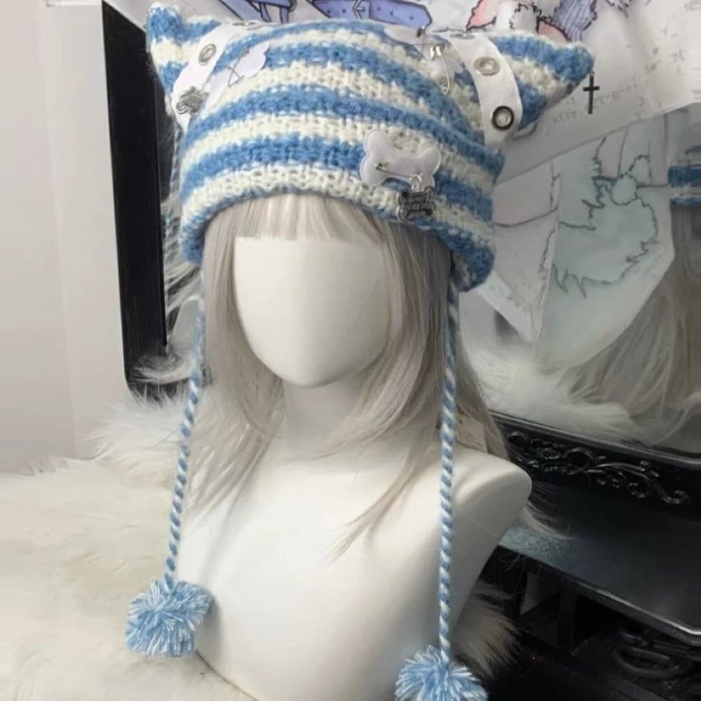 Y2k Subculture Girl Hat Harajuku Rabbit Ear Caps Gothic Punk Kawaii Autumn 2025 Warm Stripe Pattern Hat Keep Warm Beanie 2025