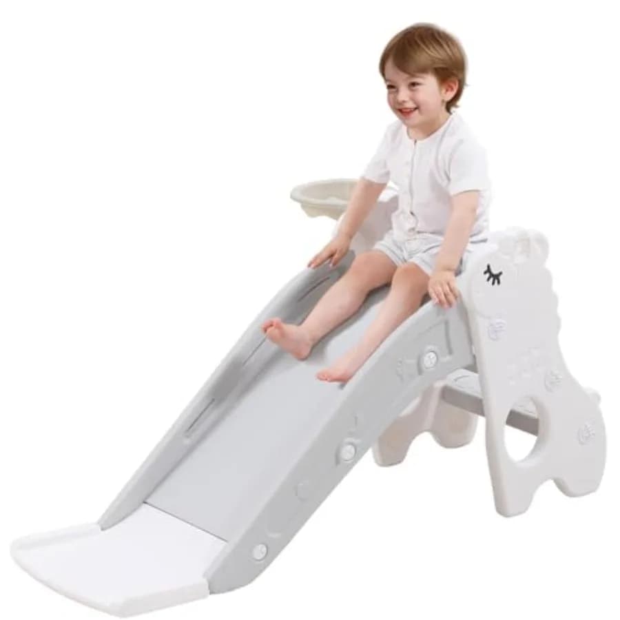 Scivolo per Bambini da Interno con Piscina di Palline e Struttura per Arrampicata, Bianco Perla, Set da Gioco Autoportante con Canestro da Basket