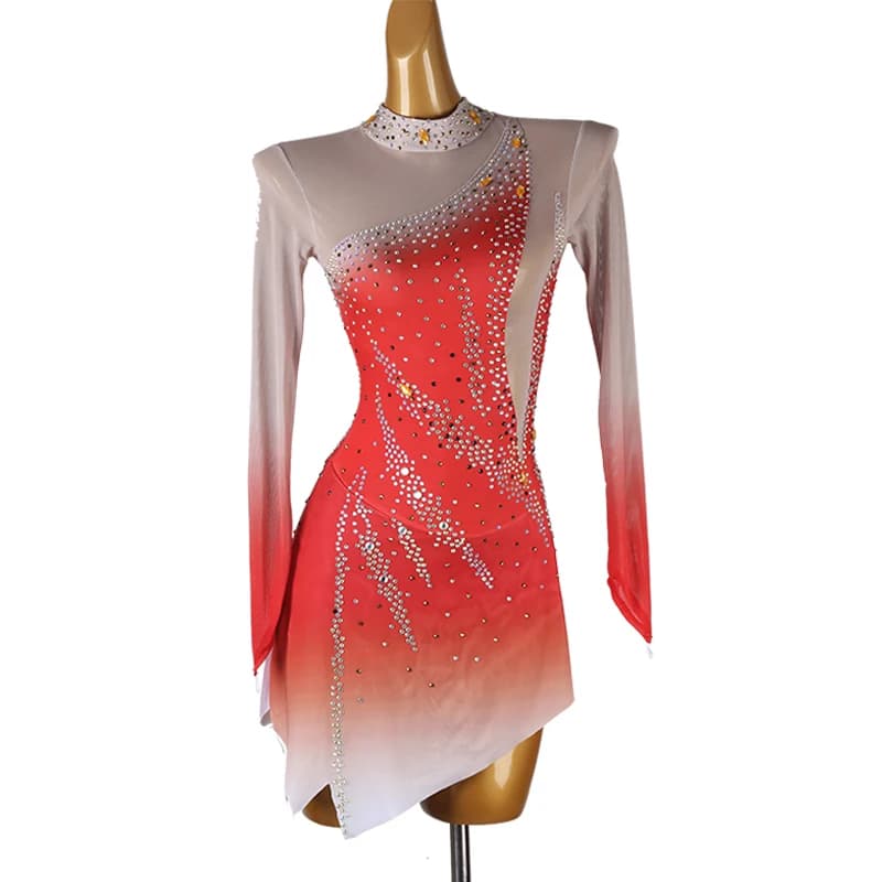 Personalizza il vestito da pattinaggio di figura rosso Vestito da pattinaggio su ghiaccio per ragazza da donna Costume da ginnastica strass di cristallo personalizzato 347