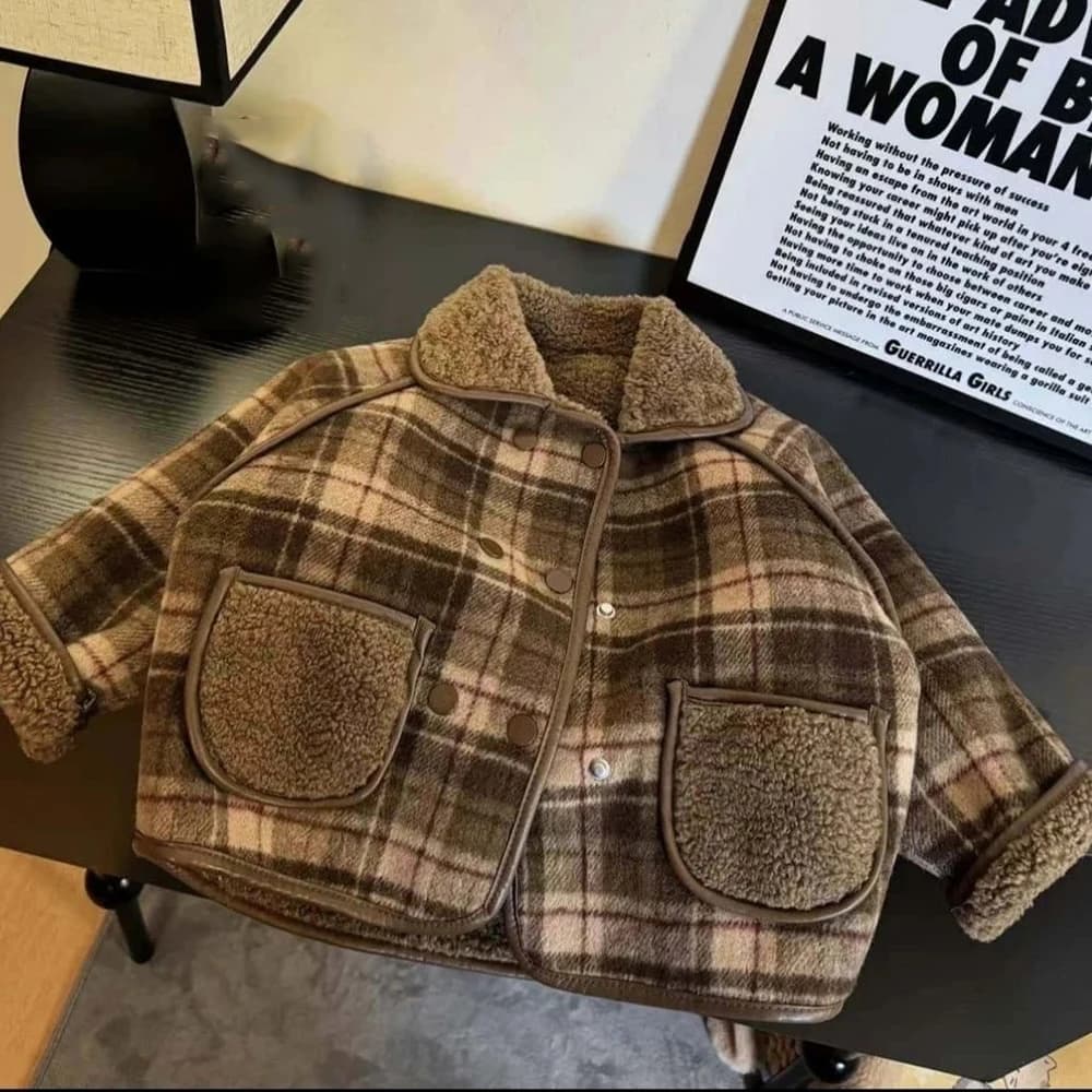 Baby Boy Girl' Double Breasted Woolen coat Autumn Winter Fashion Plaid Jacket Korean Children's Warm Casual Outerwear
