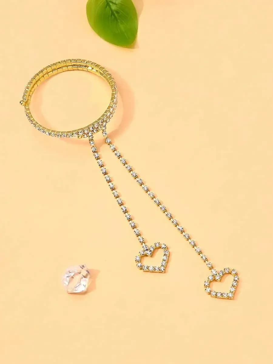Romantic Heart Rhinestone Arm Bracelet Double Layer Tassel Jewelry For Women Summer Beach Accessory
