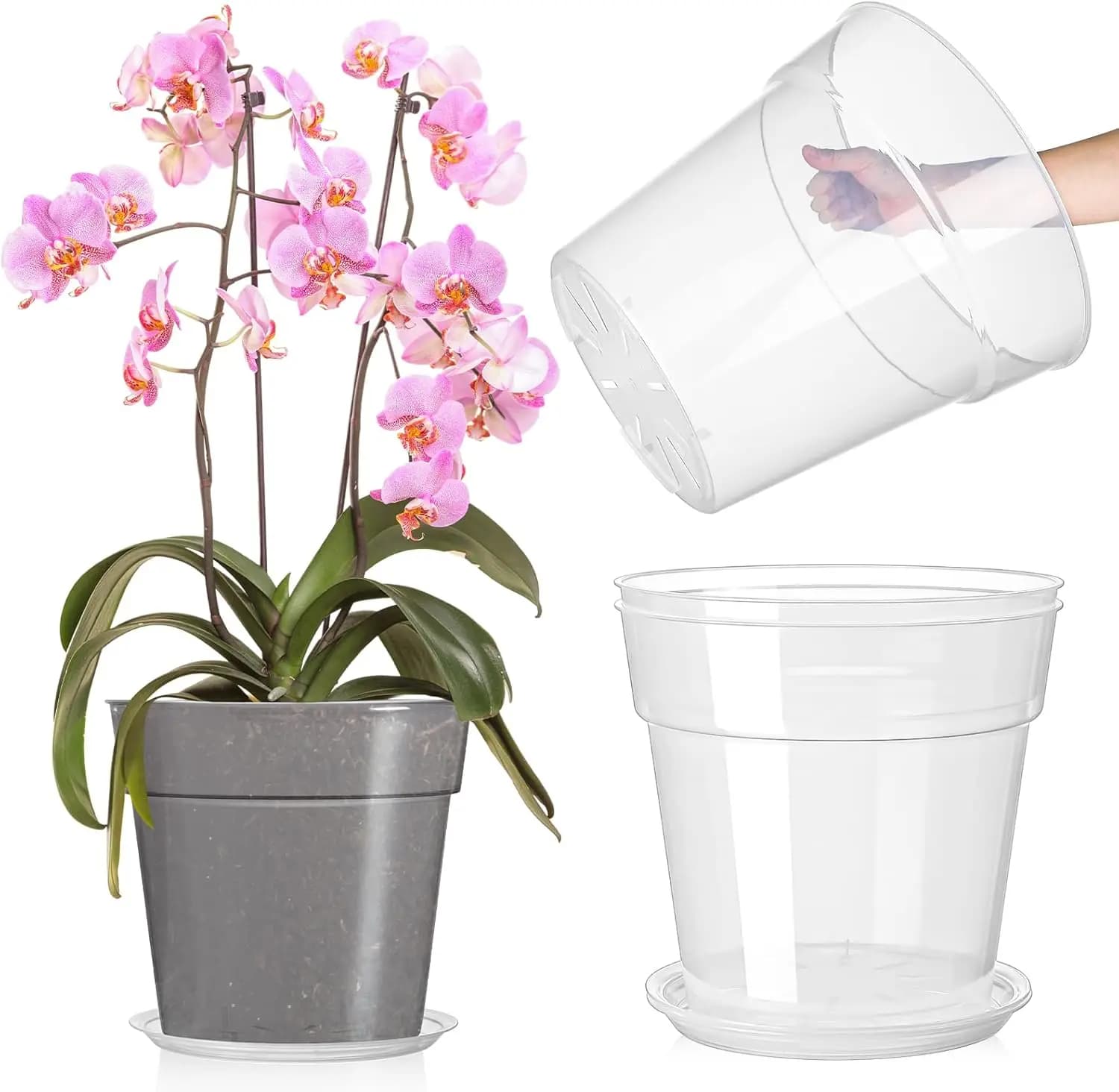 Set di 3 Vasi in Plastica Trasparente con Fori di Drenaggio per Piante da Interno ed Esterno, Grandi 11,65 Pollici per una Sana Crescita delle Radici