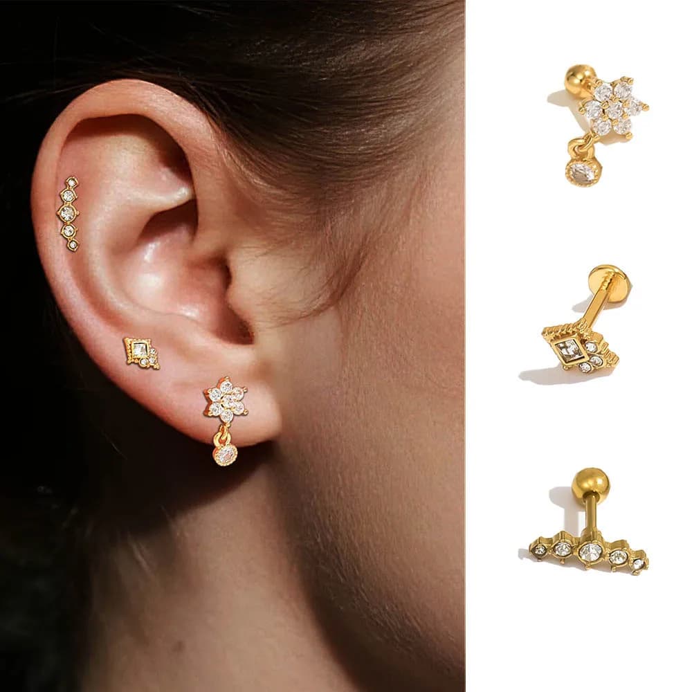 Set di 3 orecchini e polsini per le orecchie in acciaio inossidabile con stella lunare e zirconi | Bellissimo regalo di compleanno per ragazza