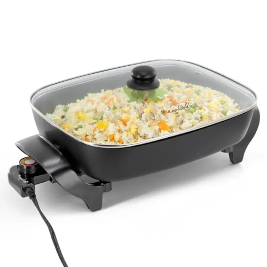 Electric pan with Anti-stick coating, Tempered Glass Cover and Adjustable Temperature Control, Versatile Small Kitchen appliance