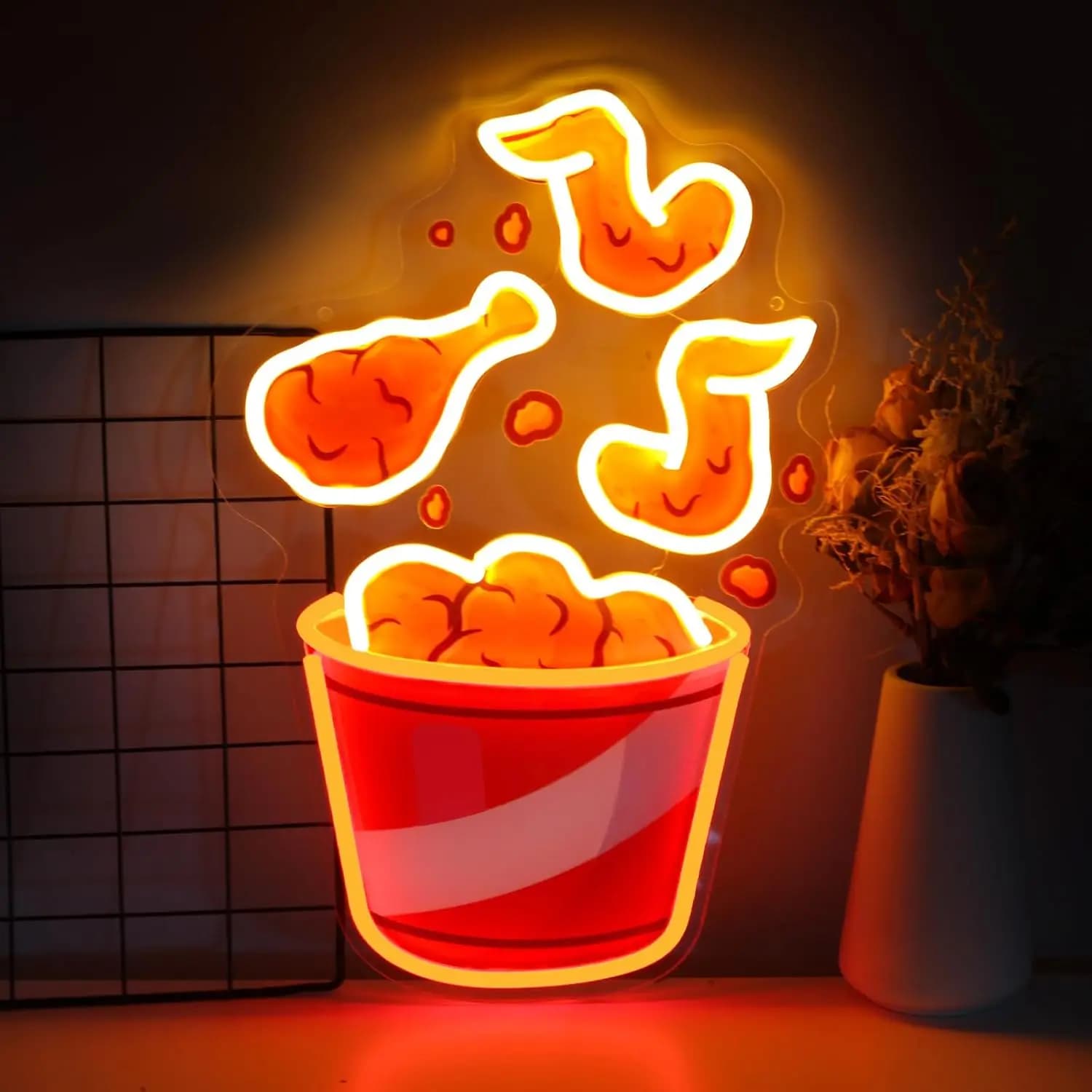 Insegna al Neon LED Dimmerabile USB a Forma di Pollo Fritto per Bar, Sala Giochi, Camera da Letto, Hotel, Negozio, Decorazione Murale per Feste