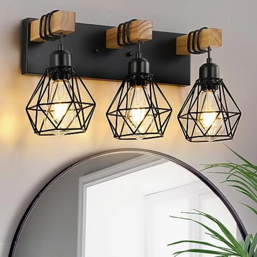 Lampada da Bagno Stile Rustico in Legno, Applique da Parete per Specchio, Illuminazione Rustica con Dettagli in Metallo