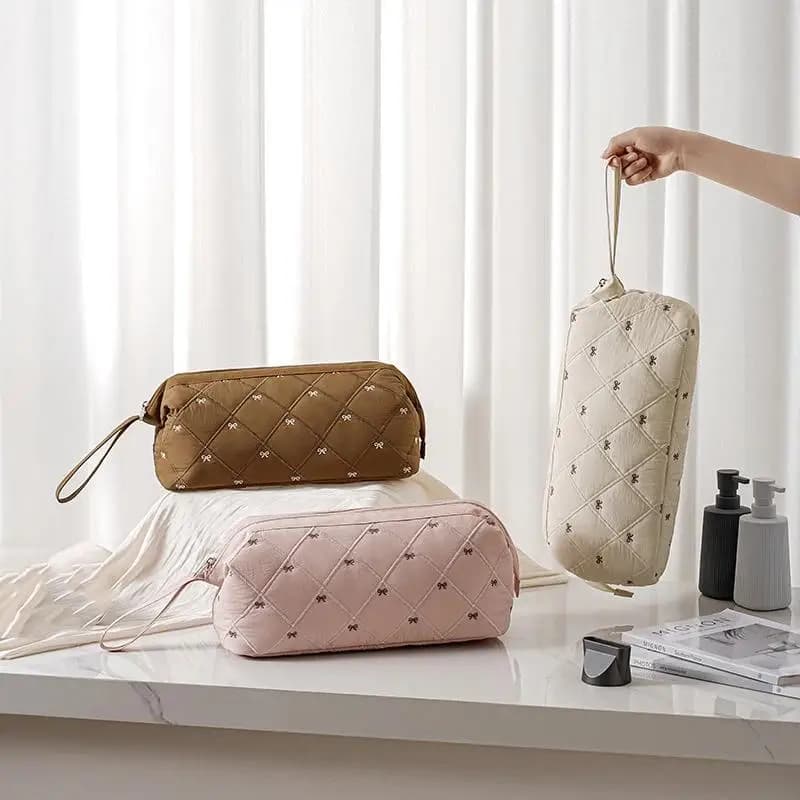 Women Hair Dryer Storage Bag For Travel Cute Bow Embroidery Quilted Hair Tools Waterproof Zipper Cosmetic Bags