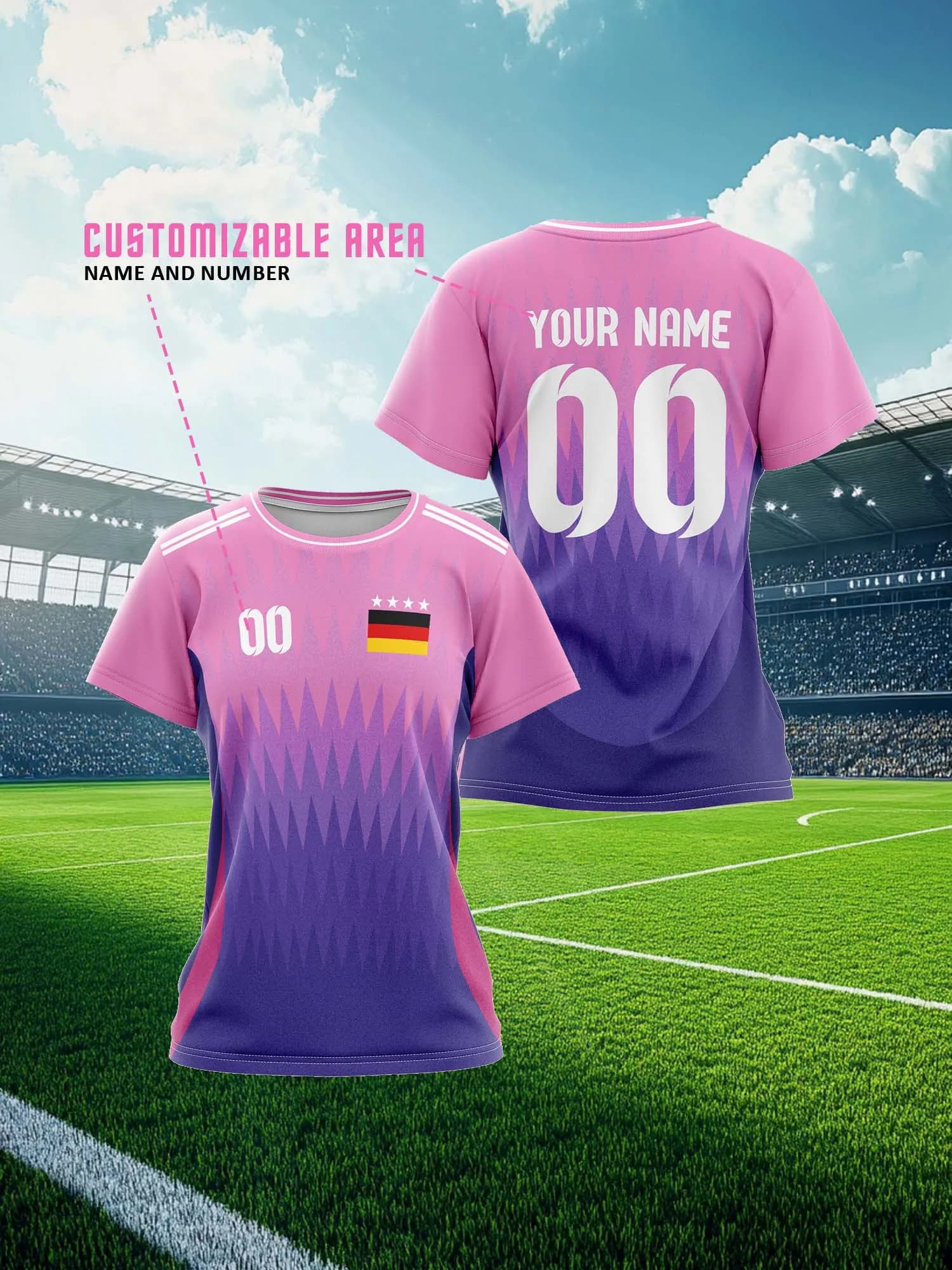 Maglia Sportiva da Donna 2026 Personalizzabile con Nome e Numero, Scollo a V, Asciugatura Rapida, Stampa Integrale, Sublimazione Termica, Rosa alla Moda