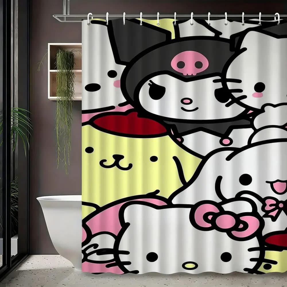 Tenda da doccia con stampa artistica dei personaggi di Sanrio, tenda da bagno in tessuto di poliestere impermeabile con ganci, facile da installare per il bagno