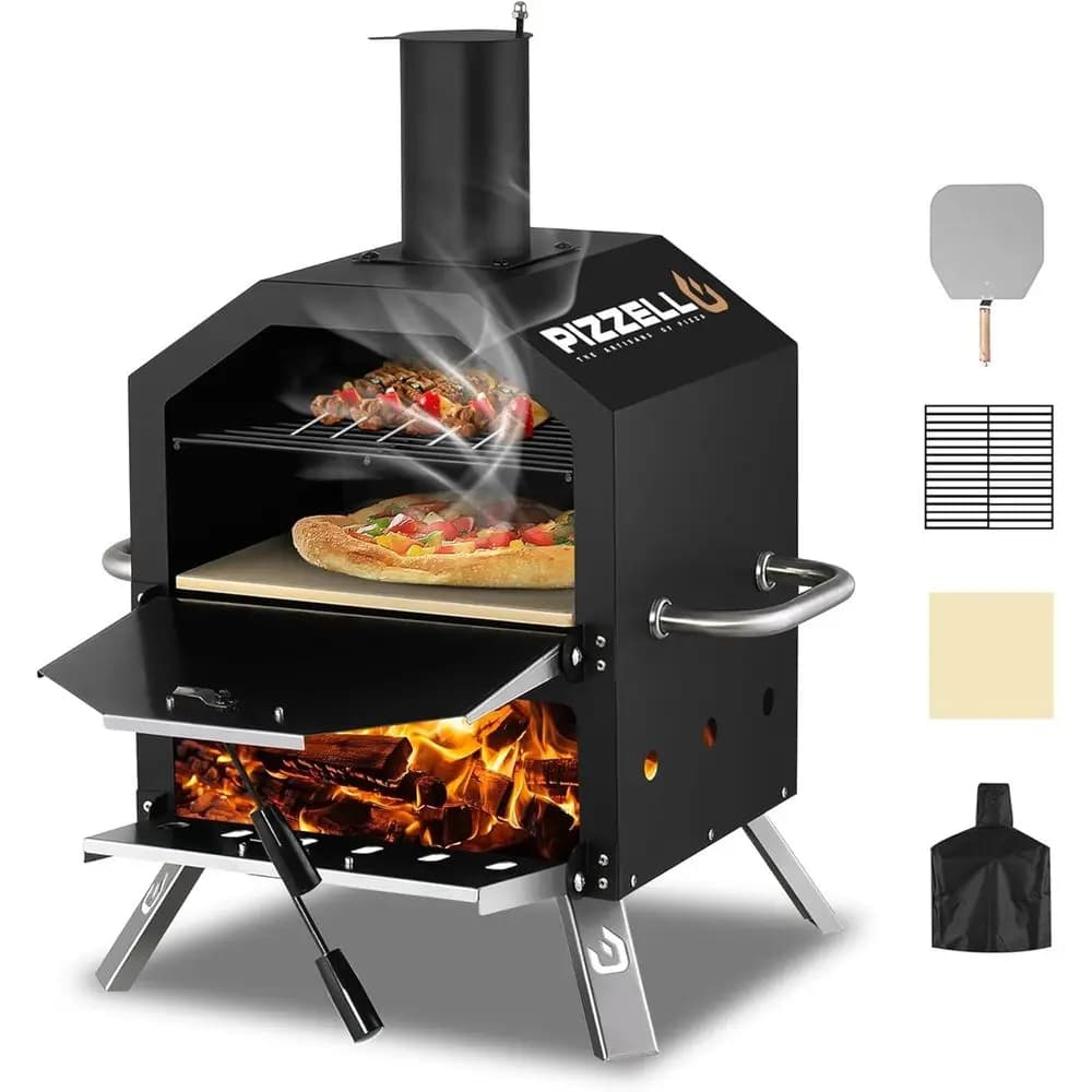 Forno per Pizza a Legna da Esterno a Due Piani con Pietra Refrattaria, Pala, Copertura e Griglia Rimovibile per Barbecue in Giardino o Campeggio