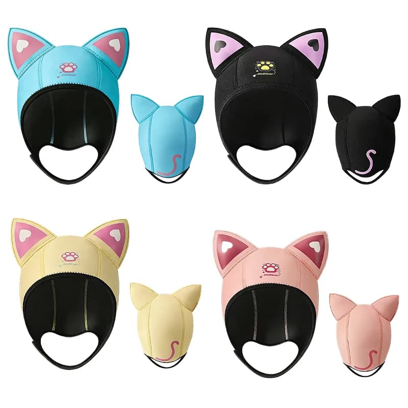 3MM Neoprene diving cap with Neck Laces, Waterproof Hat with Cat for Women, Underwater Mute Hood, Swimming Hat and Snorkeling