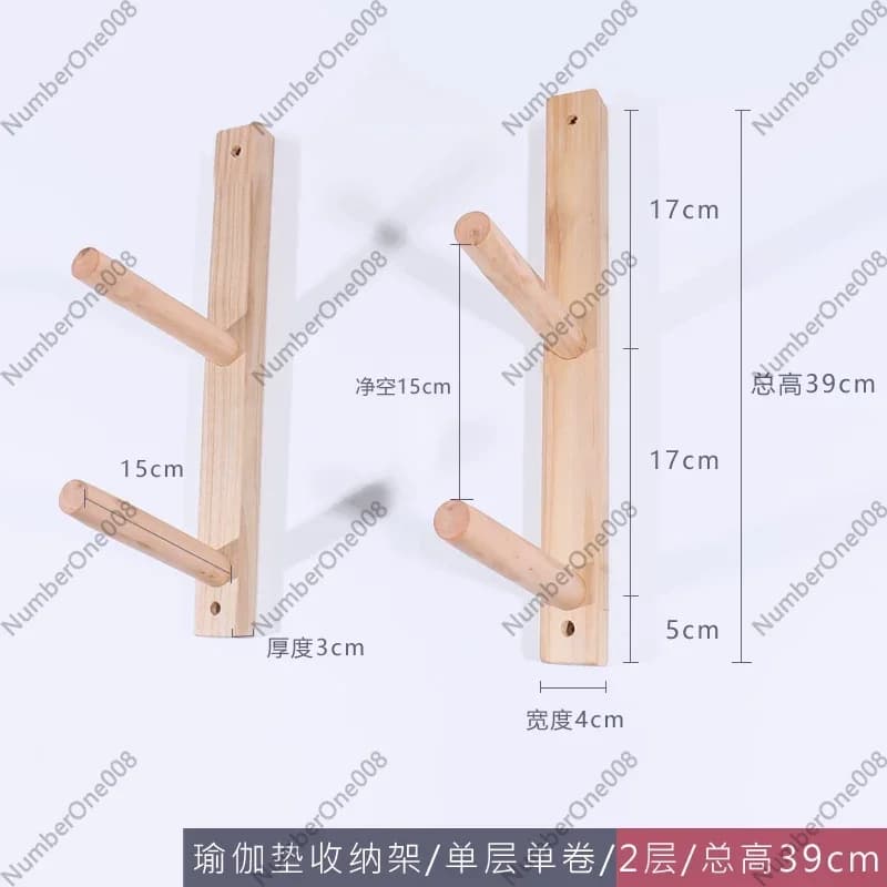 Solid wood wall support for yoga mats, massage rollers in foam and Pilates tools - Wooden wall organizer for study