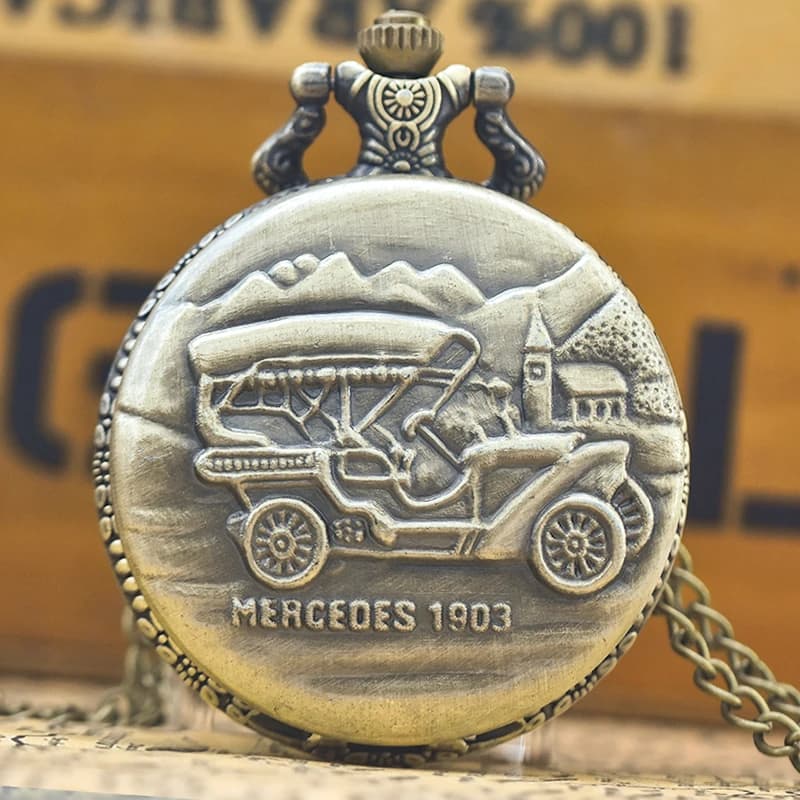 Vintage Bronze Steampunk Vintage Car 1903 Quartz pocket watch carved Necklace with Pendant Chain watch Man Woman Chain Gift
