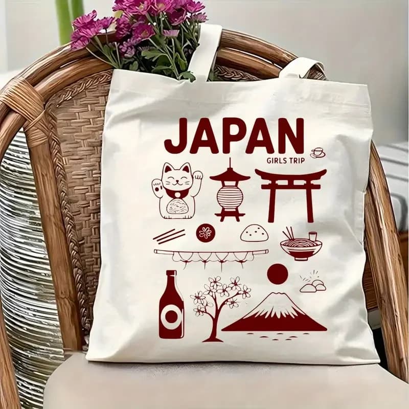 Japan Trip canvas tote bag - canvas shoulder bag with Japanese icons and monuments for travel and shopping, girl bags