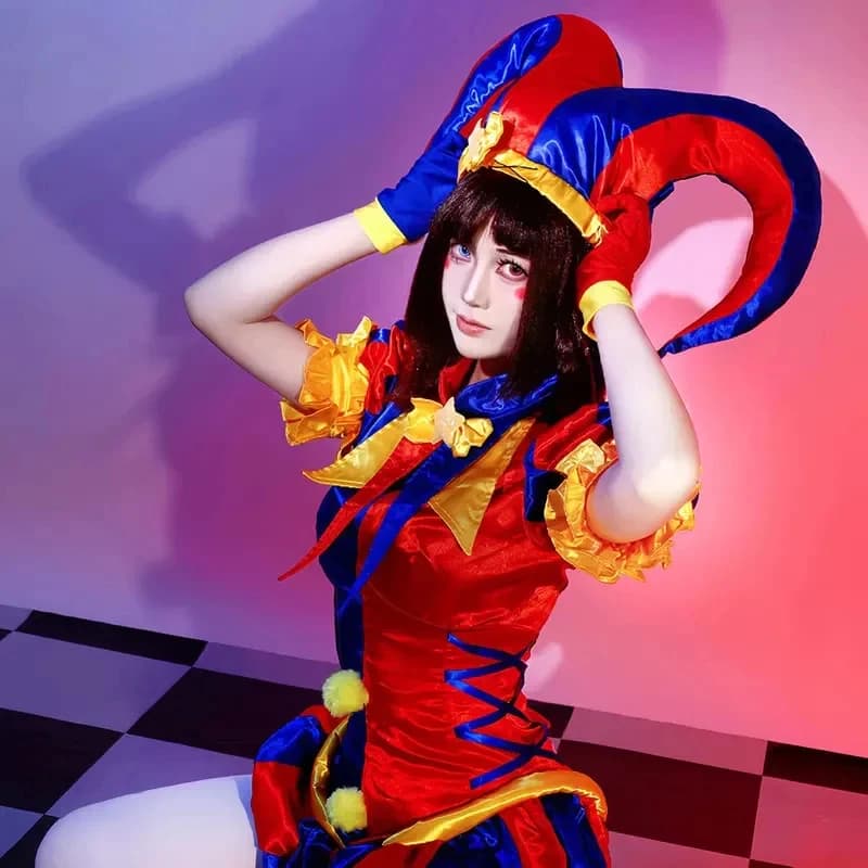 A;3\v,7'd/Adult Female Clown Cosplay Costume Jester Blue Red Jumpsuit and Hat with Gloves Socks Christmas Party Costumx;4'v\6,b/