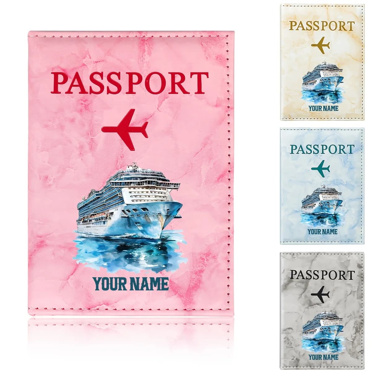 Personalized Name Blue And White Luxury Cruise Illustration Passport Holder,a Nautical Theme with a Wide Sea And Cruise Ship