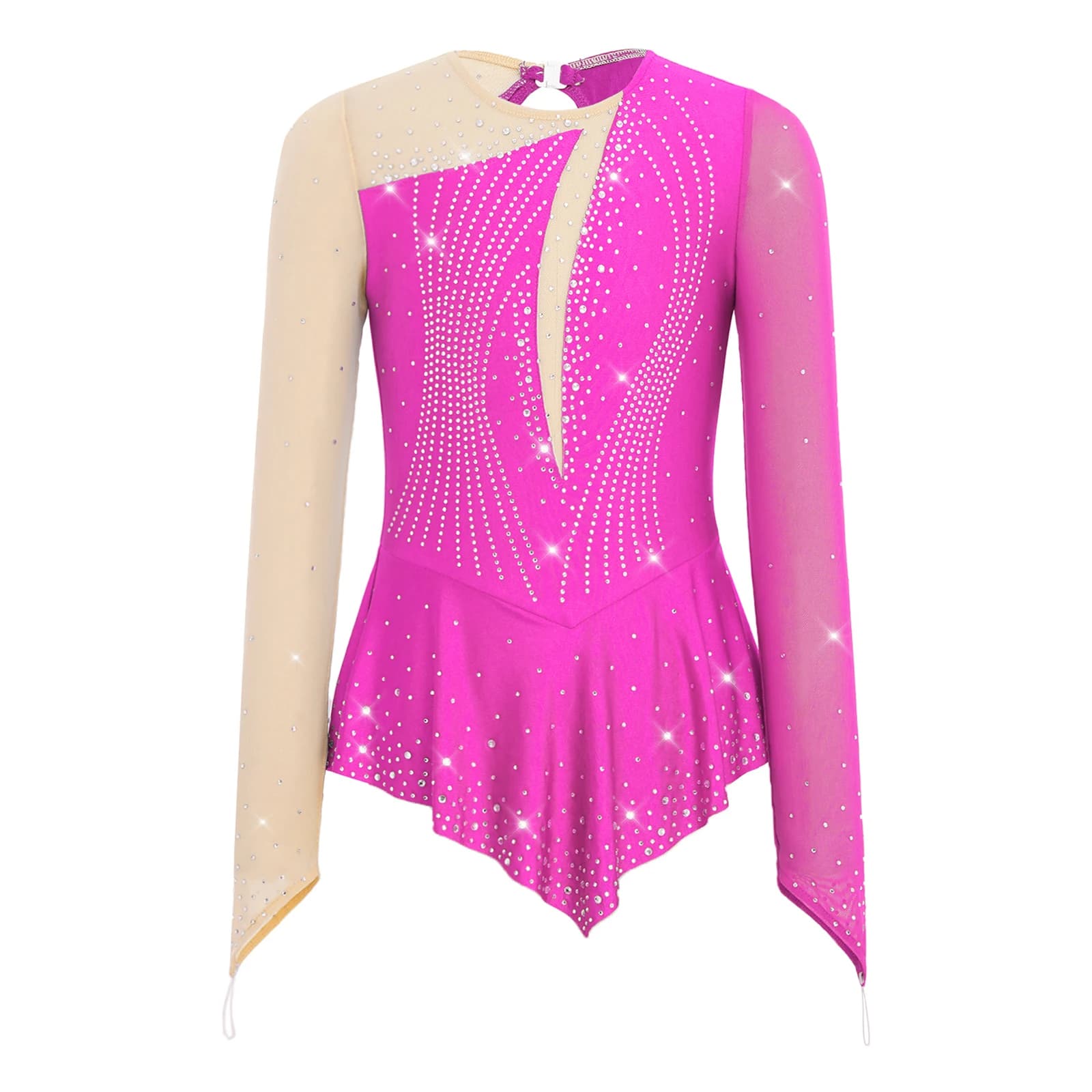 Abiti da Pattinaggio Artistico a Maniche Lunghe in Rete per Bambine, Body da Danza e Ginnastica con Strass, Costume per Esibizioni e Competizioni